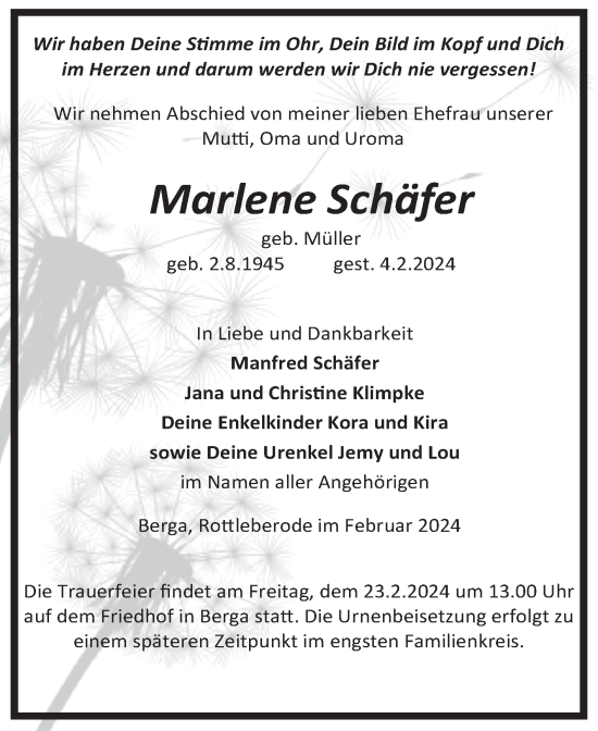 Traueranzeige von Marlene Schäfer von Trauerkombi Sangerhausen