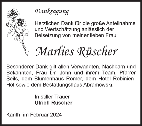 Traueranzeige von Marlies Rüscher von Volksstimme Burg/Genthin