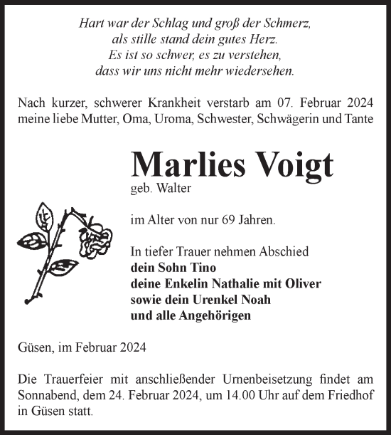 Traueranzeige von Marlies Voigt von Volksstimme Burg/Genthin