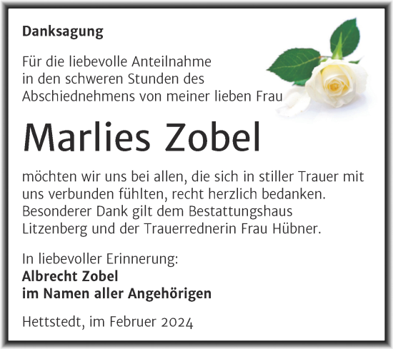 Traueranzeige von Marlies Zobel von Trauerkombi Mansfelder Land
