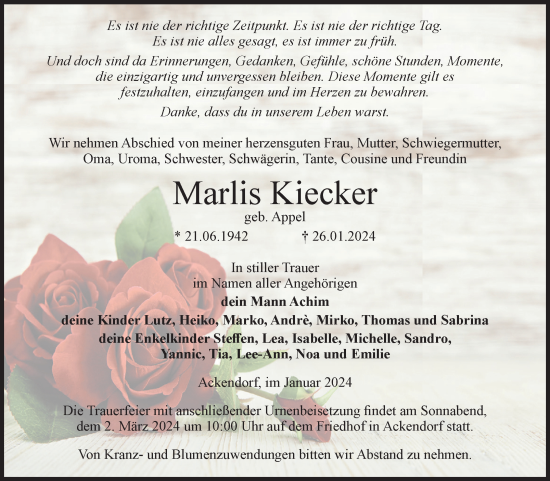 Traueranzeige von Marlis Kiecker von Volksstimme Haldensleben/Wolmirstedt