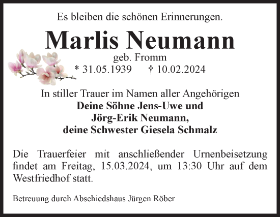 Traueranzeige von Marlis Neumann von Volksstimme Magdeburg