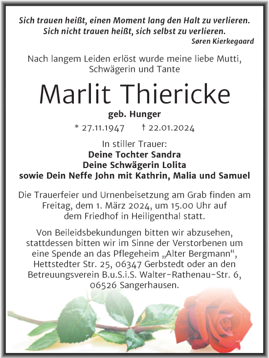 Traueranzeige von Marlit Thiericke von Trauerkombi Mansfelder Land