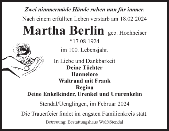Traueranzeige von Martha Berlin von Volksstimme Altmark Ost