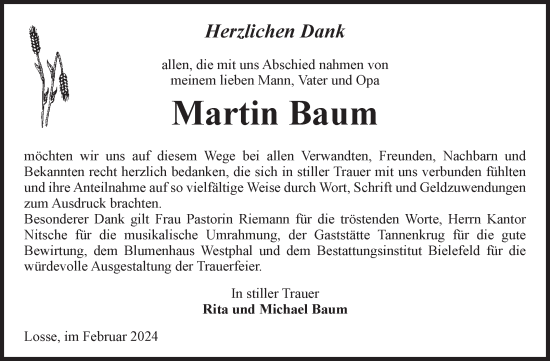 Traueranzeige von Martin Baum von Volksstimme Altmark Ost