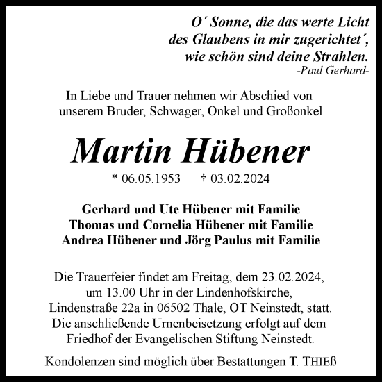 Traueranzeige von Martin Hübener von Trauerkombi Quedlinburg