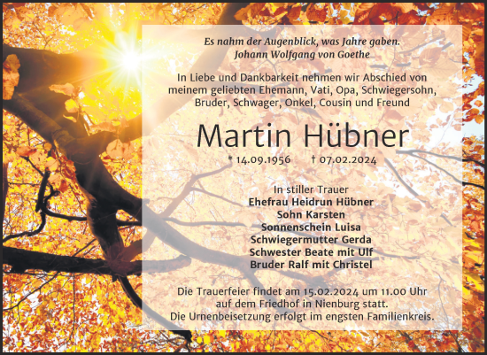 Traueranzeige von Martin Hübner von Mitteldeutsche Zeitung Bernburg