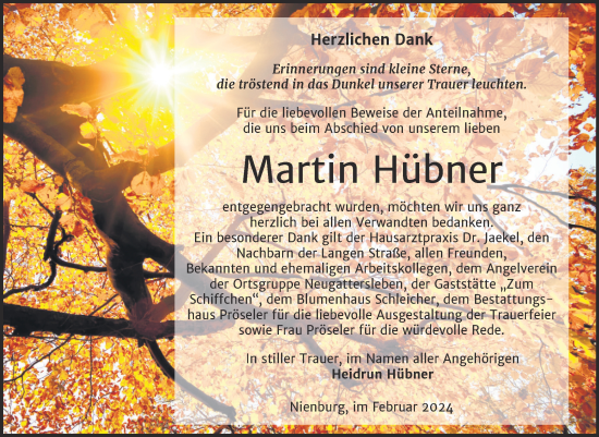 Traueranzeige von Martin Hübner von Trauerkombi Bernburg