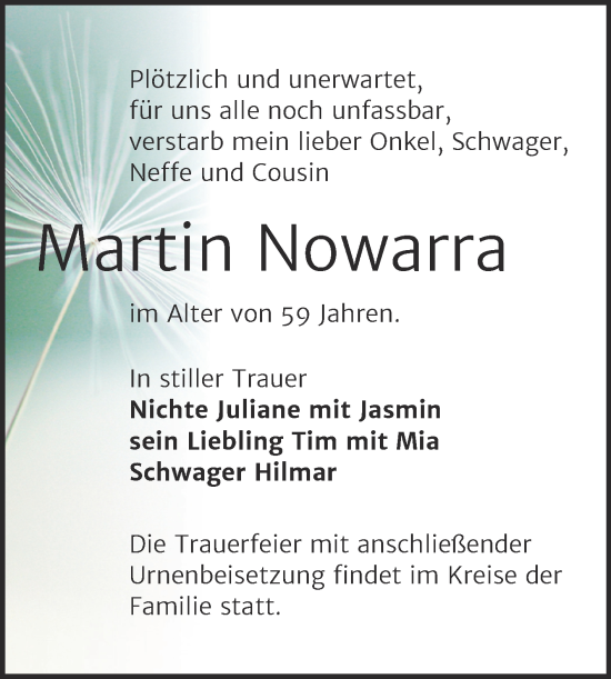 Traueranzeige von Martin Nowarra von Trauerkombi Bernburg