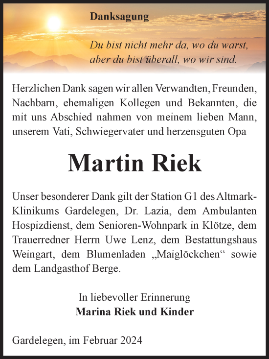 Traueranzeige von Martin Riek von Volksstimme Altmark West