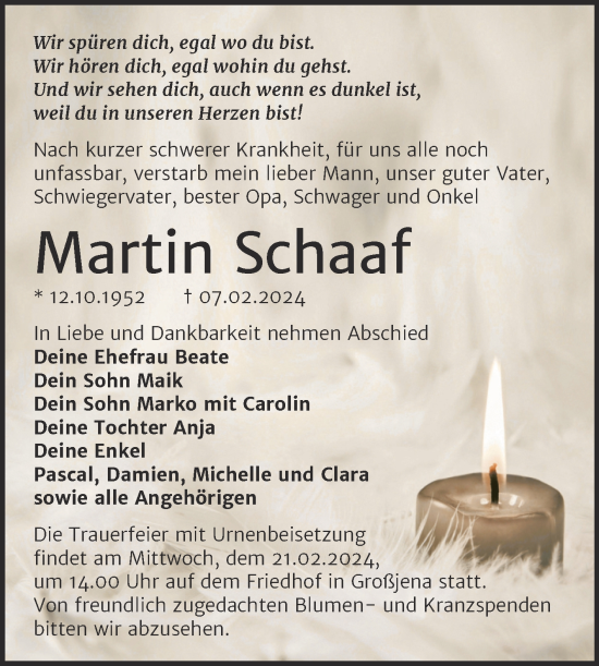 Traueranzeige von Martin Schaaf von Naumburger Tageblatt