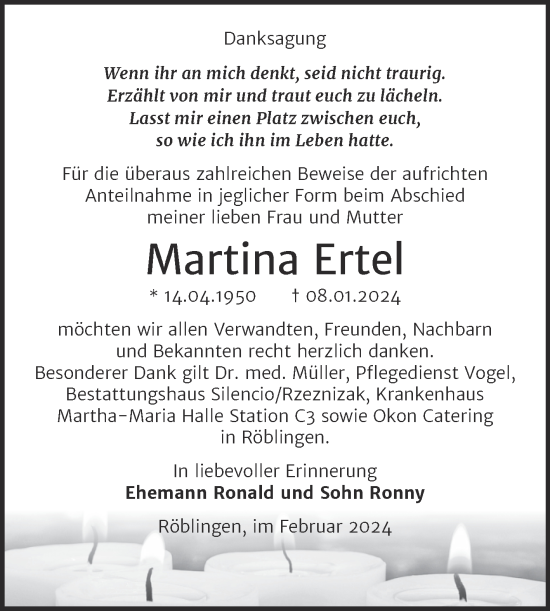 Traueranzeige von Martina Ertel von Trauerkombi Mansfelder Land