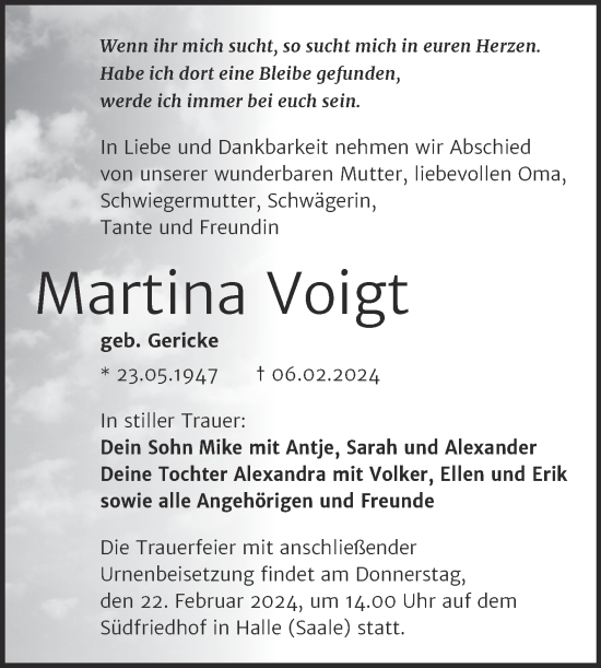 Traueranzeige von Martina Voigt von Mitteldeutsche Zeitung Halle/Saalkreis