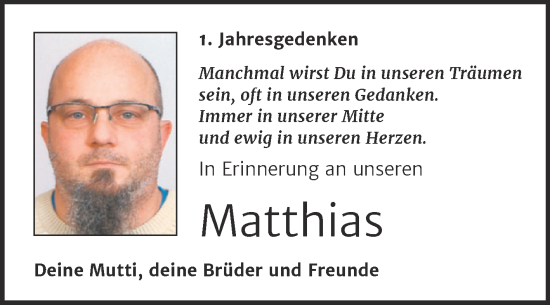 Traueranzeige von Matthias  von Trauerkombi Sangerhausen