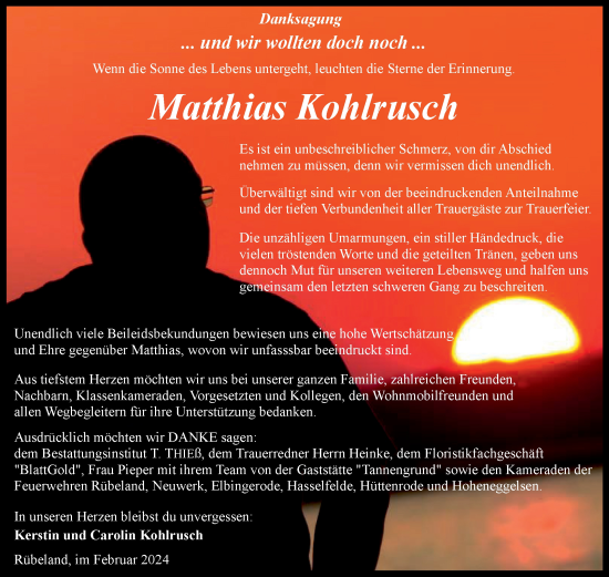 Traueranzeige von Matthias Kohlrusch von Volksstimme Wernigerode