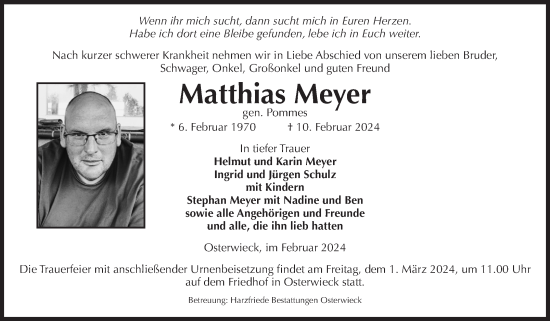 Traueranzeige von Matthias Meyer von Volksstimme Halberstadt