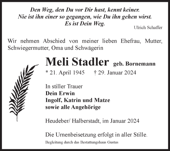 Traueranzeige von Meli Stadler von Volksstimme Wernigerode