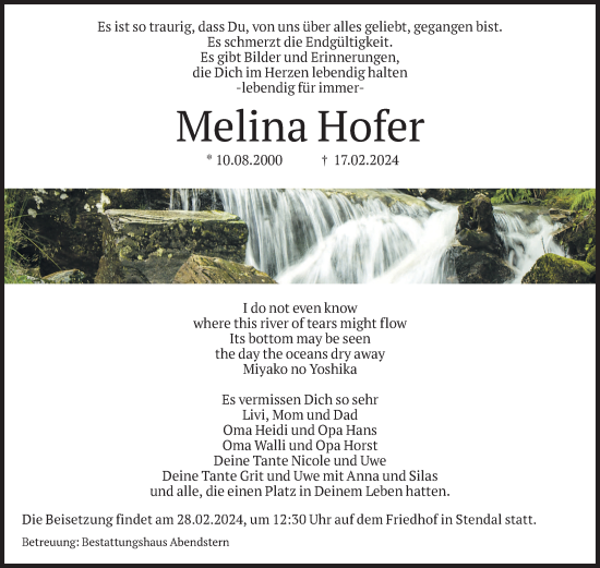 Traueranzeige von Melina Hofer von Volksstimme Altmark Ost