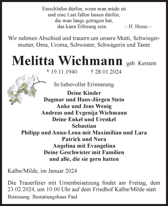 Traueranzeige von Melitta Wichmann von Volksstimme Altmark West