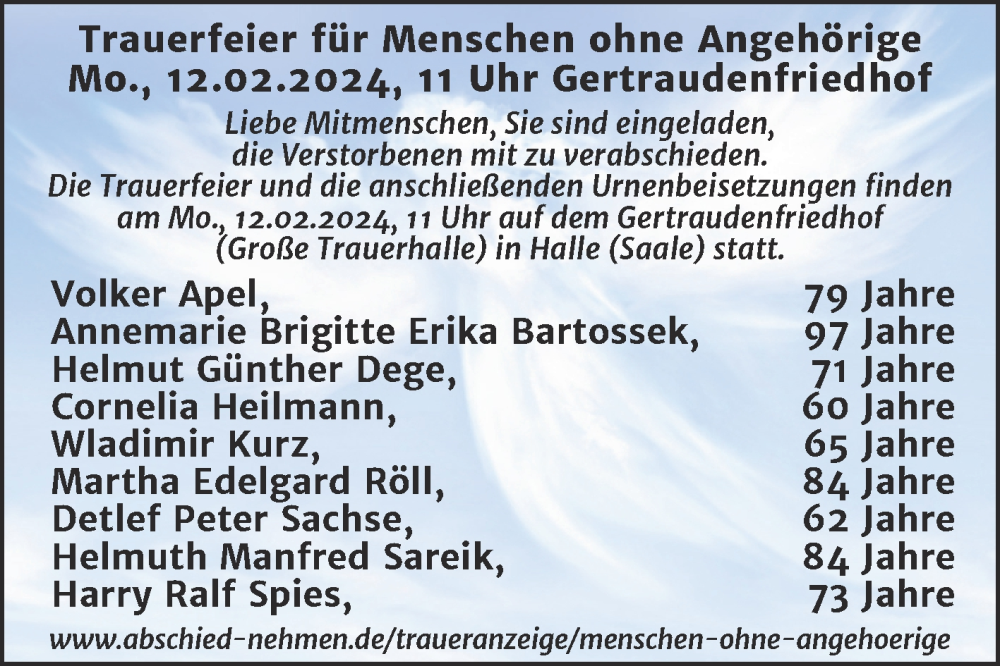  Traueranzeige für Menschen ohne Angehörige  vom 10.02.2024 aus Mitteldeutsche Zeitung Halle/Saalkreis