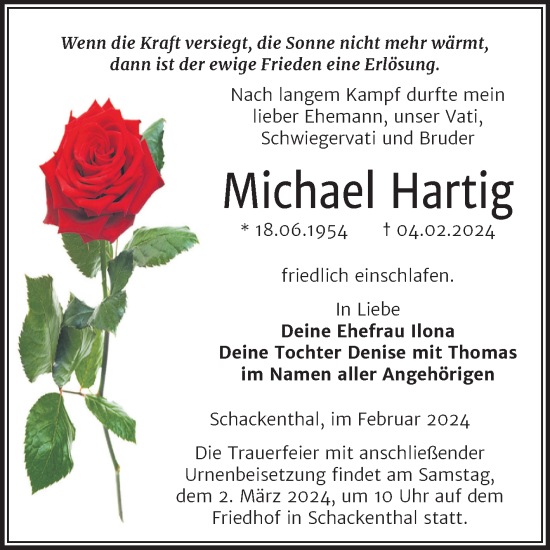 Traueranzeige von Michael Hartig von Trauerkombi Aschersleben