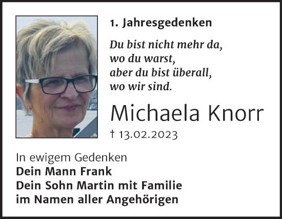 Traueranzeige von Michaela Knorr von Trauerkombi Wittenberg