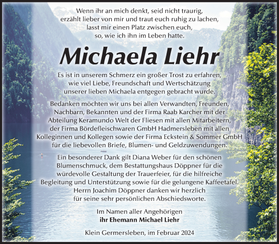 Traueranzeige von Michaela Liehr von Volksstimme Oschersleben/Wanzleben