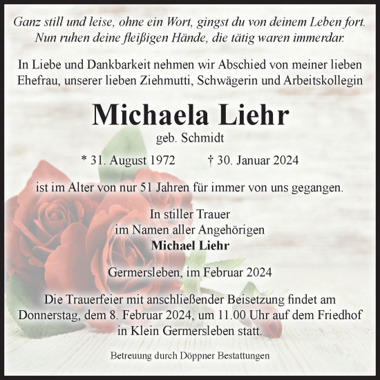 Traueranzeige von Michaela Liehr von Volksstimme Oschersleben/Wanzleben