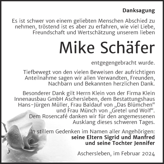 Traueranzeige von Mike Schäfer von Trauerkombi Aschersleben
