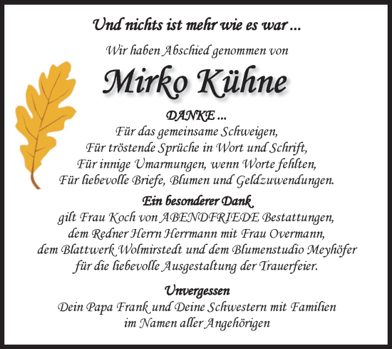 Traueranzeige von Mirko Kühne von Volksstimme Haldensleben/Wolmirstedt