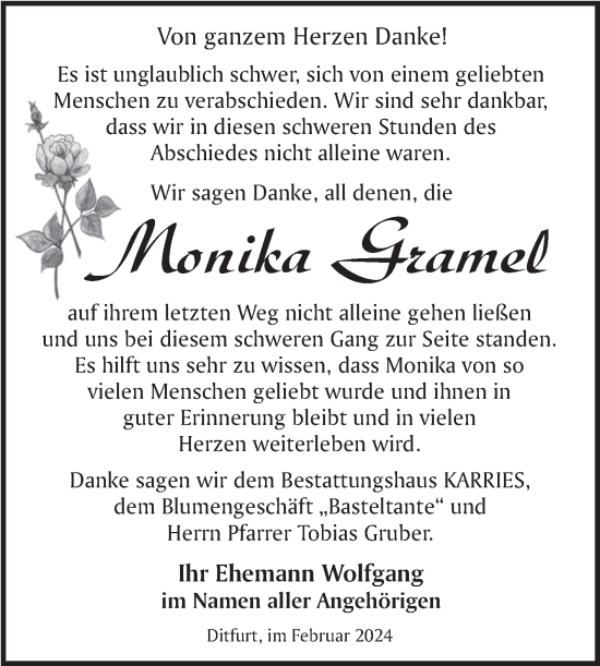 Traueranzeige von Monika Gramel von Trauerkombi Quedlinburg