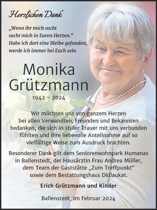 Traueranzeige von Monika Grützmann von Trauerkombi Quedlinburg