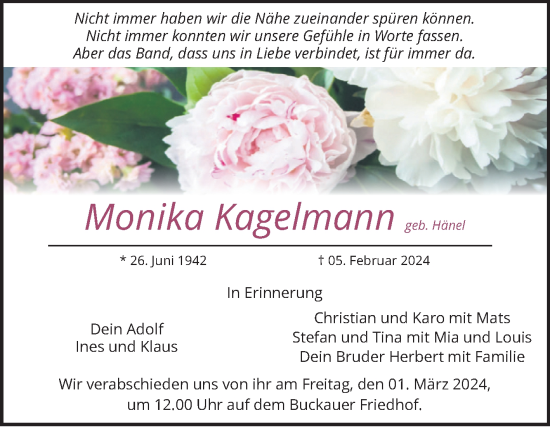 Traueranzeige von Monika Kagelmann von Volksstimme Magdeburg