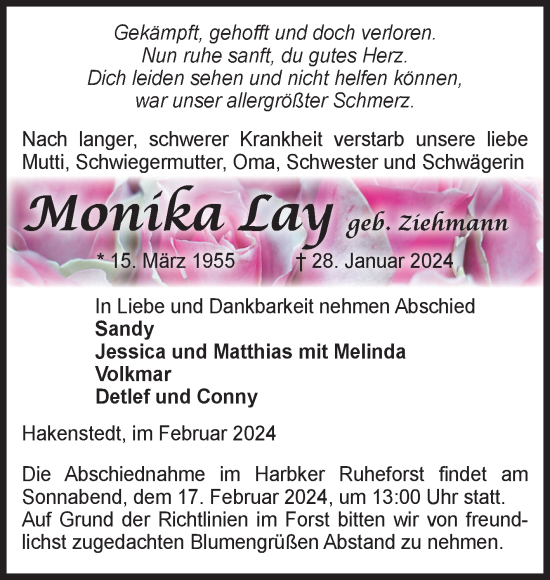 Traueranzeige von Monika Lay von Volksstimme Haldensleben/Wolmirstedt
