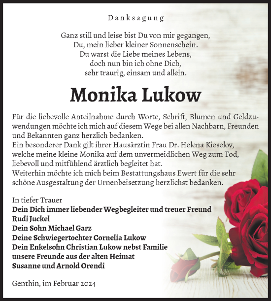 Traueranzeige von Monika Lukow von Volksstimme Burg/Genthin