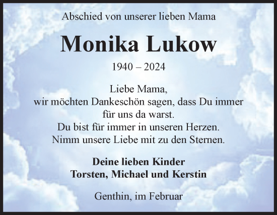 Traueranzeige von Monika Lukow von Volksstimme Burg/Genthin