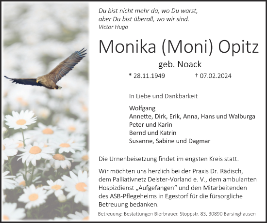 Traueranzeige von Monika Opitz von Super Sonntag Zeitz