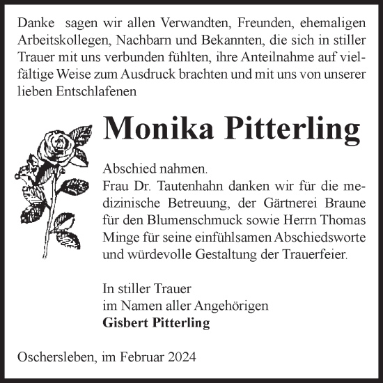 Traueranzeige von Monika Pitterling von Volksstimme Oschersleben/Wanzleben