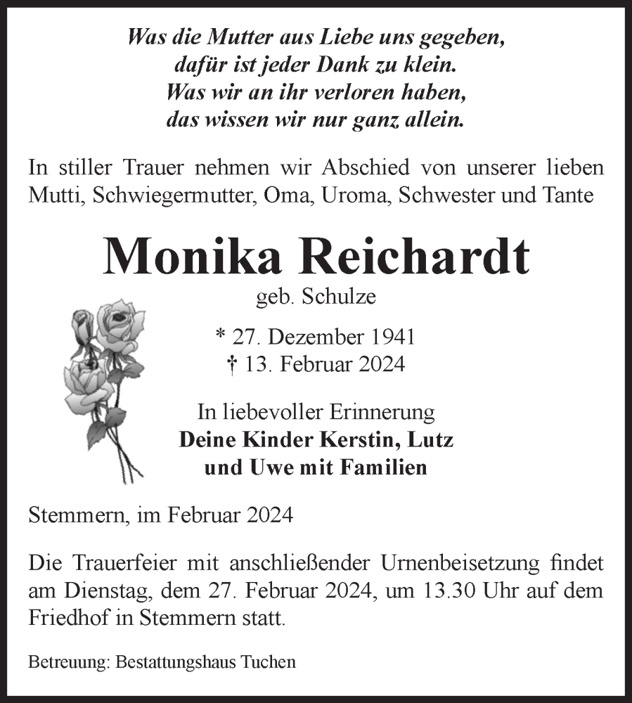  Traueranzeige für Monika Reichardt vom 24.02.2024 aus Volksstimme Oschersleben/Wanzleben