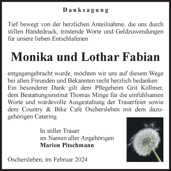 Traueranzeige von Monika und Lothar Fabian von Volksstimme Oschersleben/Wanzleben