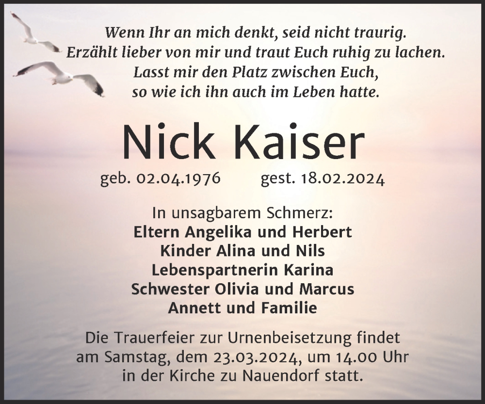  Traueranzeige für Nick Kaiser vom 24.02.2024 aus Mitteldeutsche Zeitung Halle/Saalkreis