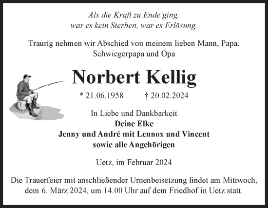 Traueranzeige von Norbert Kellig von Volksstimme Altmark Ost