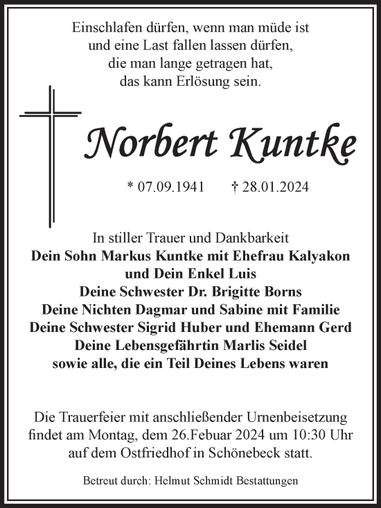 Traueranzeige von Norbert Kuntke von Volksstimme Schönebeck