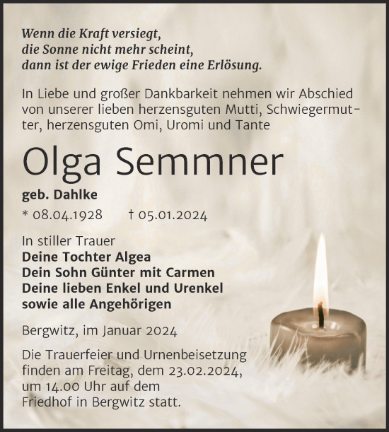 Traueranzeige von Olga Semmner von Super Sonntag Wittenberg