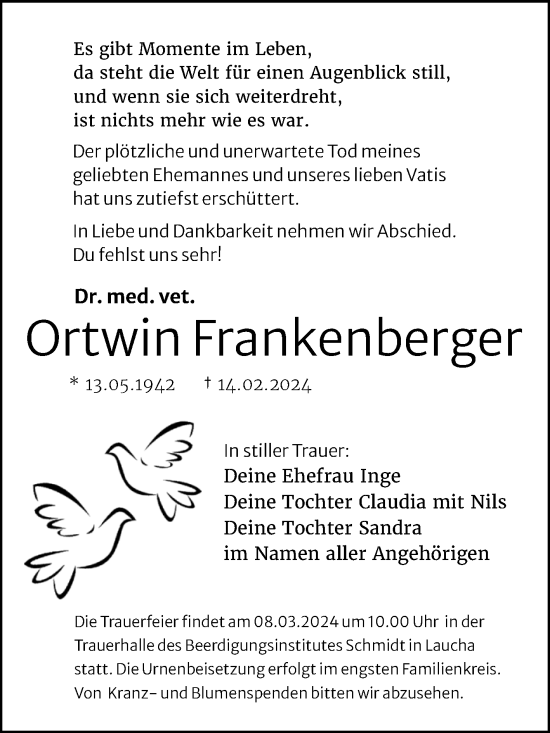 Traueranzeige von Ortwin Frankenberger von Naumburger Tageblatt