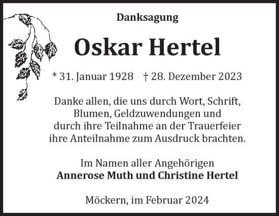 Traueranzeige von Oskar Hertel von Volksstimme Burg/Genthin