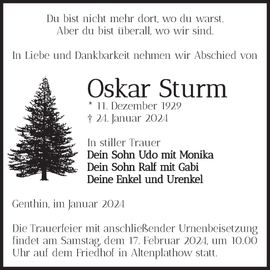 Traueranzeige von Oskar Sturm von Volksstimme Burg/Genthin