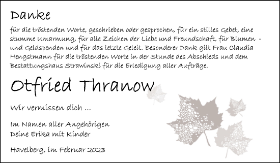 Traueranzeige von Otfried Thranow von Volksstimme Altmark Ost