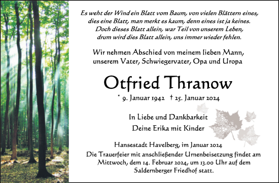 Traueranzeige von Otfried Thranow von Volksstimme Altmark Ost