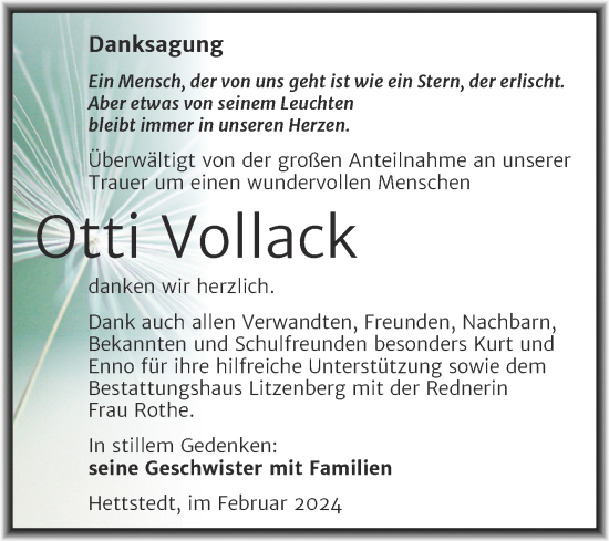 Traueranzeige von Otti Vollack von Trauerkombi Mansfelder Land